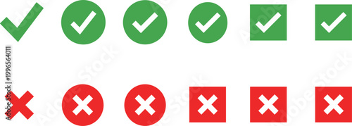 Set of Check and Cross Icons in Various Shapes for User Interface, Web, and App Design Elements
