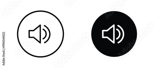 Minimalist speaker volume icon set, black and white audio sound symbols, circular multimedia control buttons for web and app interface design