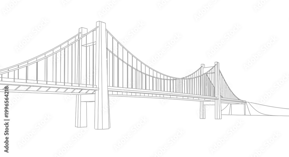 Fototapeta premium Suspension bridge architectural illustration in monochrome against white background