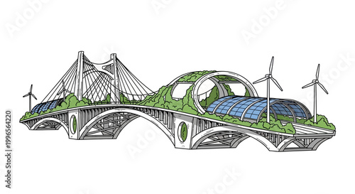 Sustainable eco bridge concept with solar panels and wind turbines