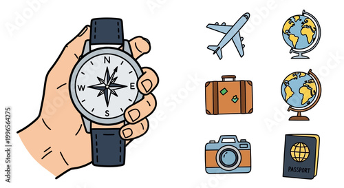 Travel and navigation icons set with hand holding compass vector illustration