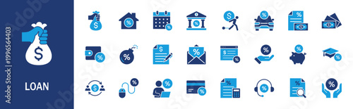 Loan and finance icon set. Vector collection including refinance, home equity, p2p loan, EMI calc, debt burden, bad score, and credit score