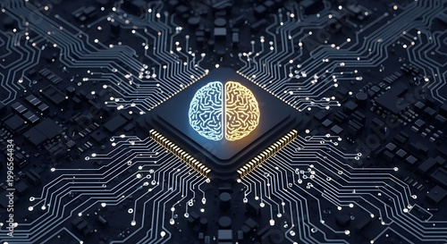 Bi-colored brain symbol on cpu chip with artificial intelligence, microchip