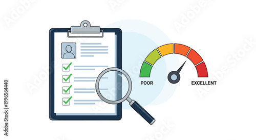 Personal credit score evaluation concept featuring a detailed document profile and a speedometer gauge ranging from poor to excellent.