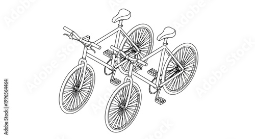 Two bicycles tandem style black and white illustration on white background