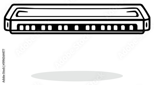 Classic harmonica musical instrument line art with a subtle shadow on a plain backdrop