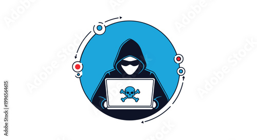 Anonymous hacker in a hoodie working on a laptop with a skull and crossbones icon on the screen inside a circular frame for security.