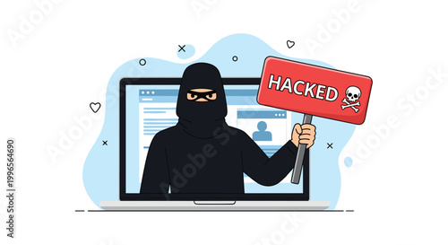 Cybercriminal wearing a black balaclava holds a hacked sign with a skull and crossbones in front of a laptop screen for data breach.