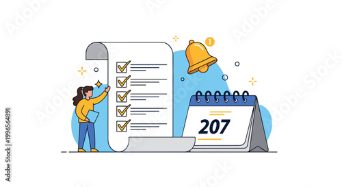 Task scheduling concept featuring a woman checking items off a long list next to a calendar and a golden notification bell for planning.