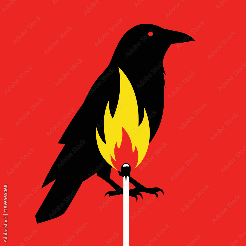 Fototapeta premium Black crow silhouette perched on burning matchstick on red