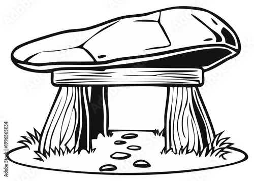 Ancient Dolmen Stone Structure Outline with Path and Grass