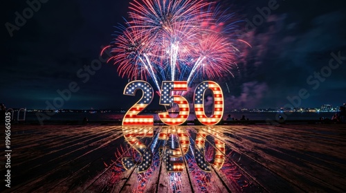 USA 250th Anniversary Semiquincentennial Celebration with Fireworks and Flag Numbers