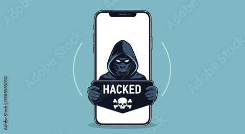 Mobile security breach showing a hacker in a dark hoodie holding a hacked sign with a skull icon inside a smartphone screen frame.