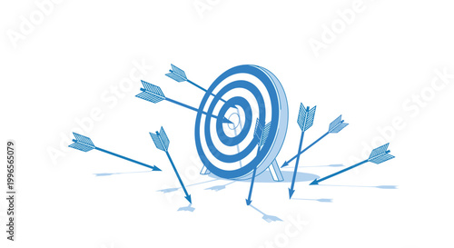 Business goals and target marketing concept featuring a blue and white archery target with several arrows hitting and missing the bullseye.