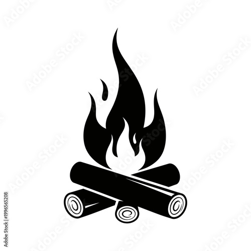 Campfire icon with wooden logs and blazing fire silhouette