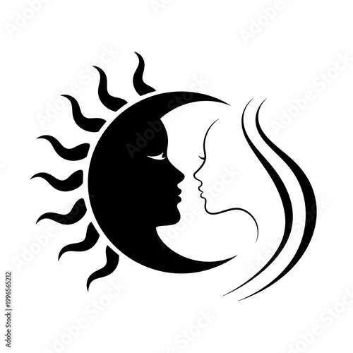 Celestial sun and crescent moon with female faces illustration
