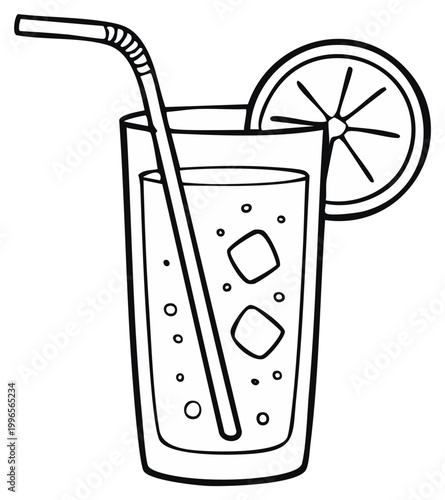 Refreshing beverage in a tall glass with a straw and lemon slice outline