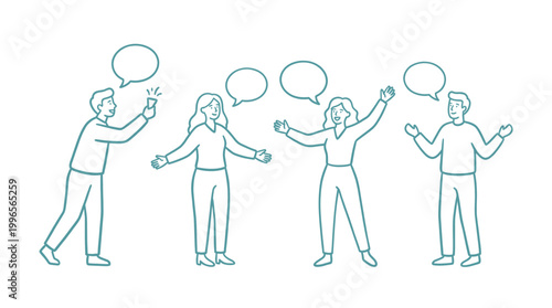 Diverse Group Of Happy Young People Meeting And Greeting Each Other During Social Gathering Party Event In Minimalist Blue Line Style