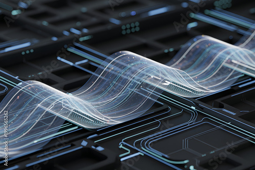 Digital Data Stream: An abstract view of digital data flowing through a complex network, highlighting the intricate pathways and vibrant energy of modern technology.
