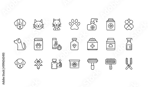 Minimal pet icons set veterinary care dog cat paw vaccine outline vector eps10