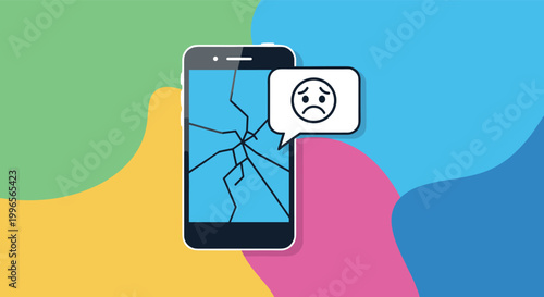Damaged smartphone concept featuring a mobile phone with a cracked screen and a sad face emoticon in a speech bubble for repair service.
