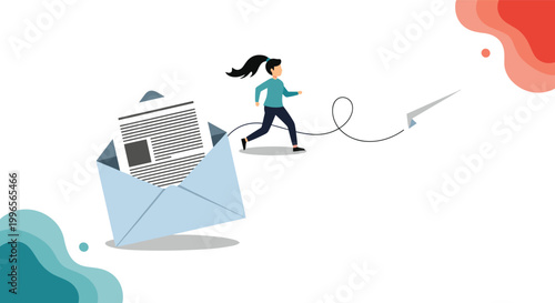 Message delivery speed concept showing a woman running away from a large envelope while a paper airplane flies with a trail.