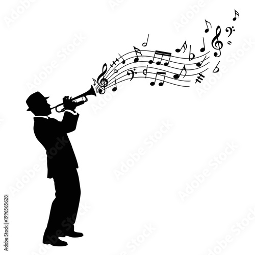 Jazz trumpet player silhouette with flowing musical notes