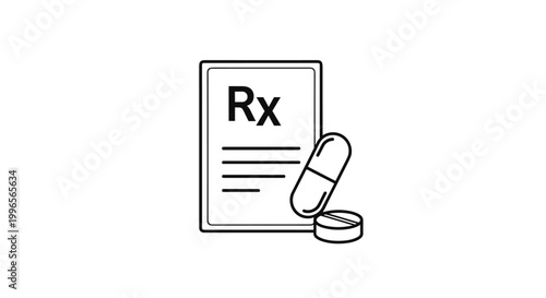 Black and white line art illustration of a medical prescription document with the Rx symbol and two different types of pills.