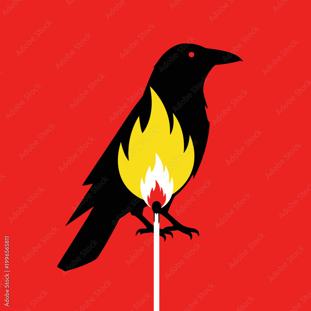 Fototapeta premium Minimalist black crow silhouette on burning match over red background