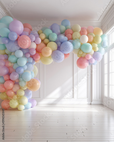 Pastel balloon installation wrapping bright minimalist party room