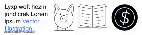 Financial education, savings planning, money management, personal finance, budgeting, wealth-building. Piggy bank, book and dollar symbol . Financial education and savings planning concept