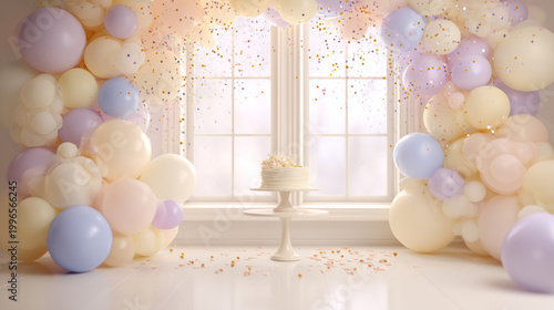 Birthday cake between pastel balloon clusters and confetti