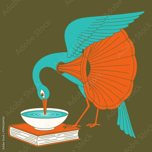 Surreal bird with gramophone body drinking from water bowl