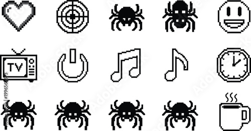 Set of Various Icons Including Heart, Target, Spider, Music, TV, and Coffee Mug for UI, Web, and App Designs