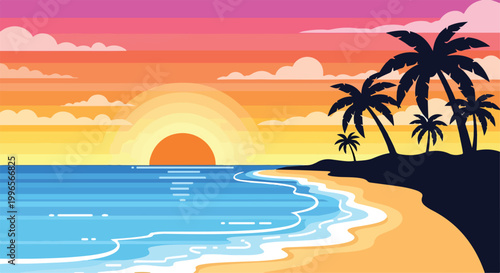 Cuadro en lienzo A serene beach scene at sunset with palm trees