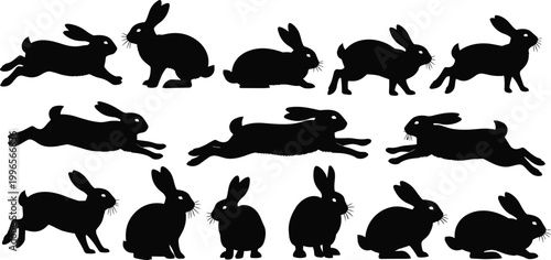Set of Various Rabbit Silhouettes in Different Poses for Animal, Nature, and Easter-Themed Designs