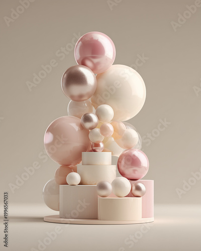 Rose gold balloon tower with birthday cake on pedestals