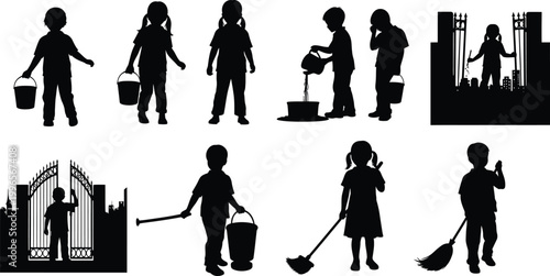 Kids Cleaning and Community Volunteering Silhouette Set