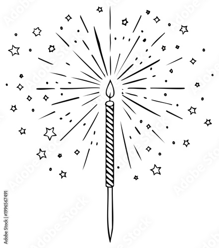 Hand drawn sparkler with radiating light and stars celebrating a festive occasion