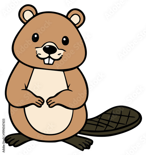 Adorable cartoon beaver with large front teeth and flat paddle tail standing