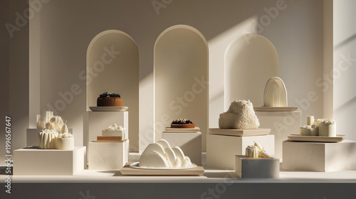 Neutral dessert showcase with cakes on modern arched pedestals