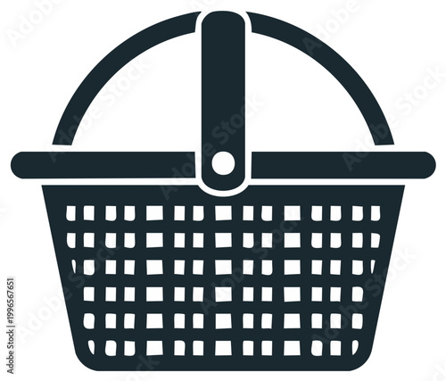 Dark blue silhouette illustration of picnic basket with handle. Concept image