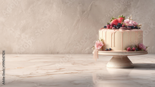Elegant celebration cake with berries and flowers on stone table