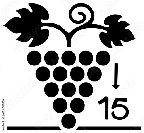 Grapes Harvest Countdown Glyph: Wine Industry Icon with Leaves, Arrow, and Number Fifteen Graphic