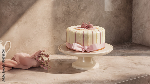 Birthday cake with pastel balloons and soft festive backdrop