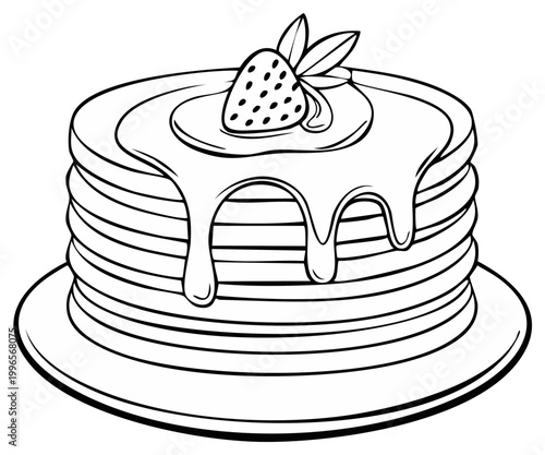 Delicious stack of pancakes drizzled with syrup and topped with a fresh strawberry and mint leaves