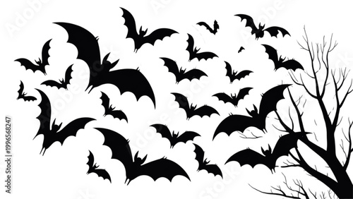 Group of bats flying together in dark night sky Vector