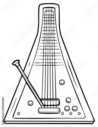 Outline illustration of a vintage metronome with swinging pendulum, musical instrument.