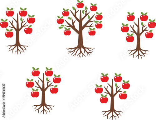 Apple trees vector illustration set with roots and red fruits, orchard plant collection isolated on white background