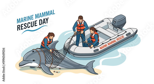 An ocean rescue team illustration shows three people in life vests tending to a dolphin entangled in a net on a sandy beach, with a boat nearby, designed as a vector with bright, clean